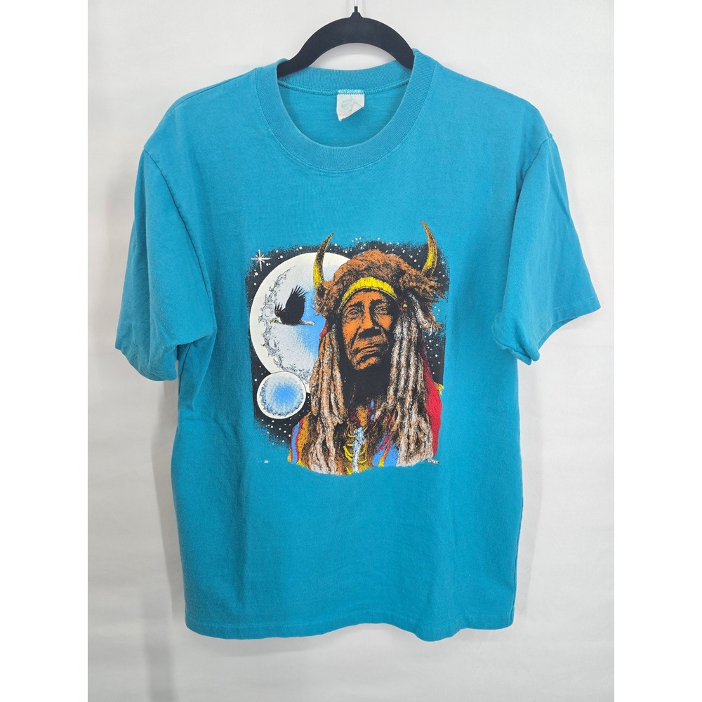 Vintage C-Line Sportswear Native American Chief Buffalo Headdress T-Shirt Teal L